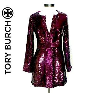 Tory Burch Aurelia Sequin Tunic Dress -8- Burgundy